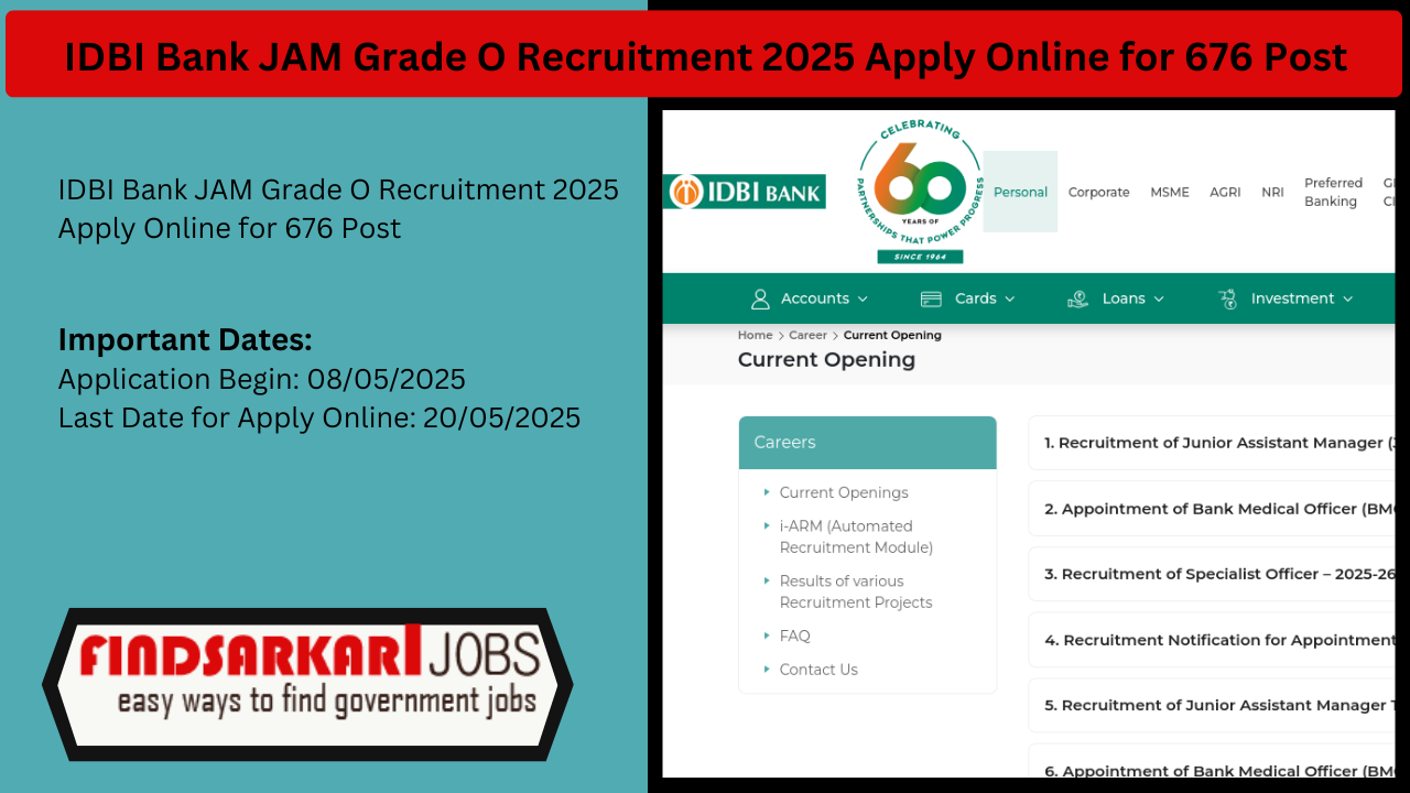 IDBI Bank JAM Grade O Recruitment 2025 Apply Online for 676 Post